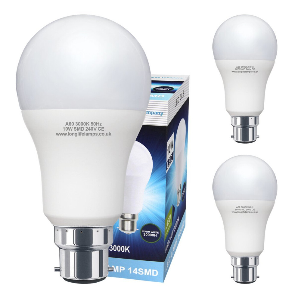 3 Pack 10W GLS LED Light Bulb B22 Bayonet Very Bright 10w = 100w Warm White A60