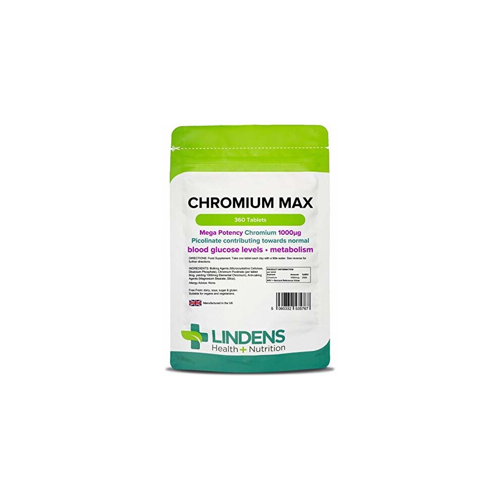 Lindens Chromium Max 1000mcg Picolinate Tablets | 360 Pack | Mega Potency Chromium Picolinate Contributing Towards Normal Blood Glucose Levels and..