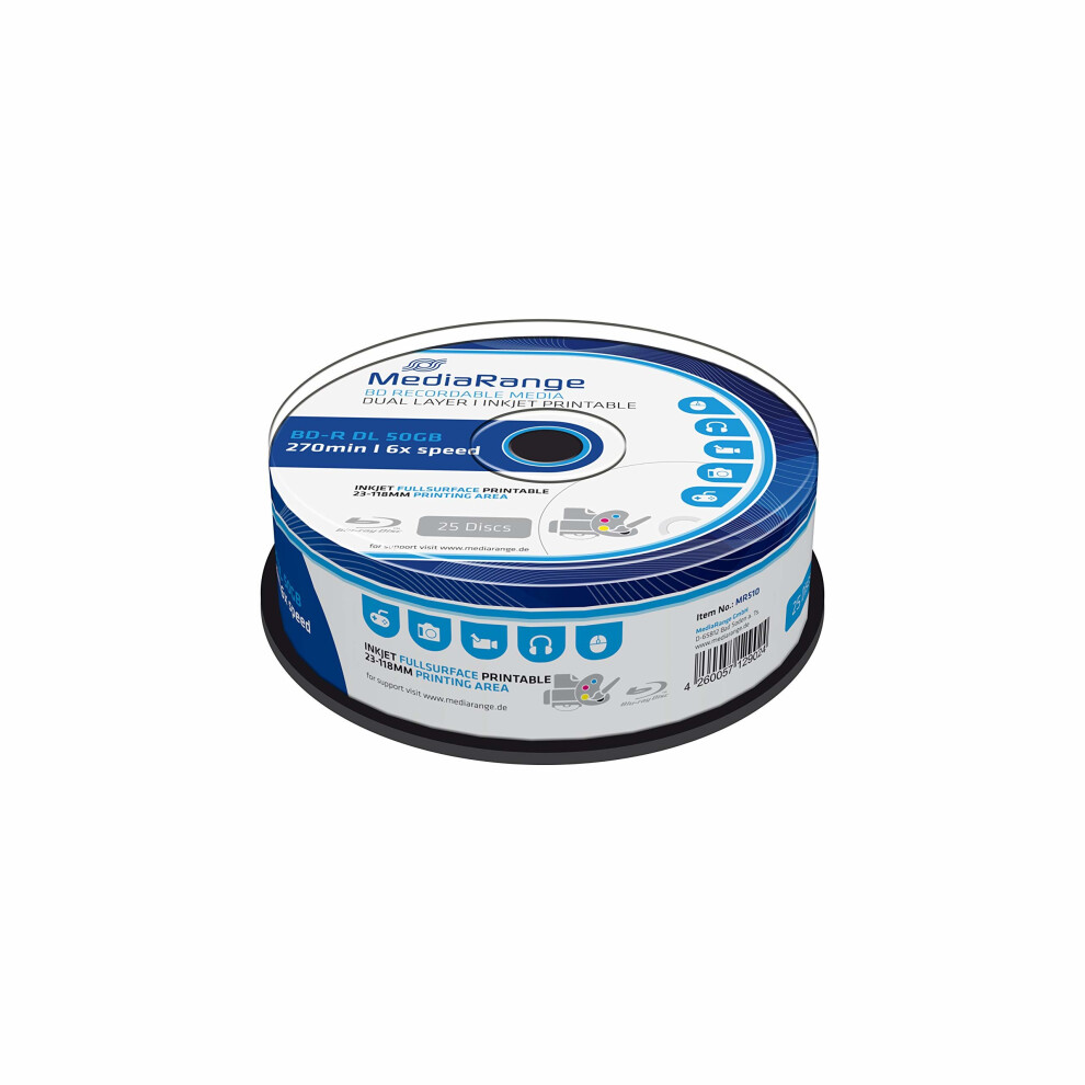Mediarange Bd-R Dual Layer 50Gb 6X Writing Speed, Full Surface Printable (Inkjet Printer), 25 Piece Cake Box 4260057129024
