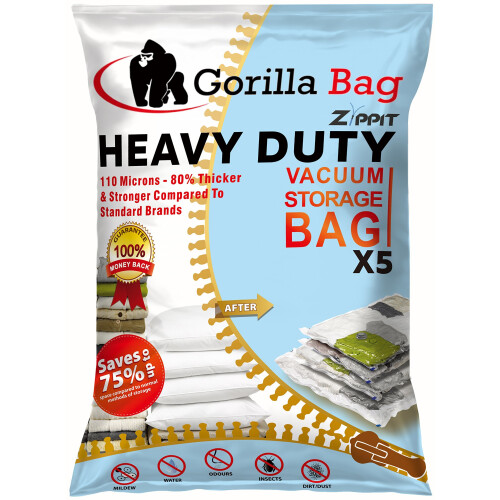 HEAVY DUTY 5 VACUUM STORAGE BAGS by Gorilla Bags, Extra Large 100x80cm