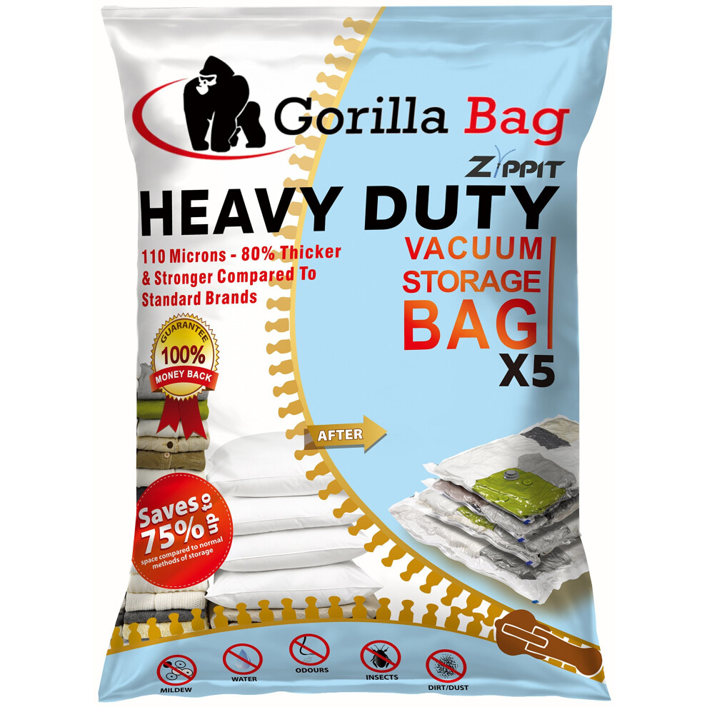 HEAVY DUTY 5 VACUUM STORAGE BAGS by Gorilla Bags, Extra Large 100x80cm. Extra Strong 110 Microns. For Clothes, Bedding, Duvets, Towels, Curtains...