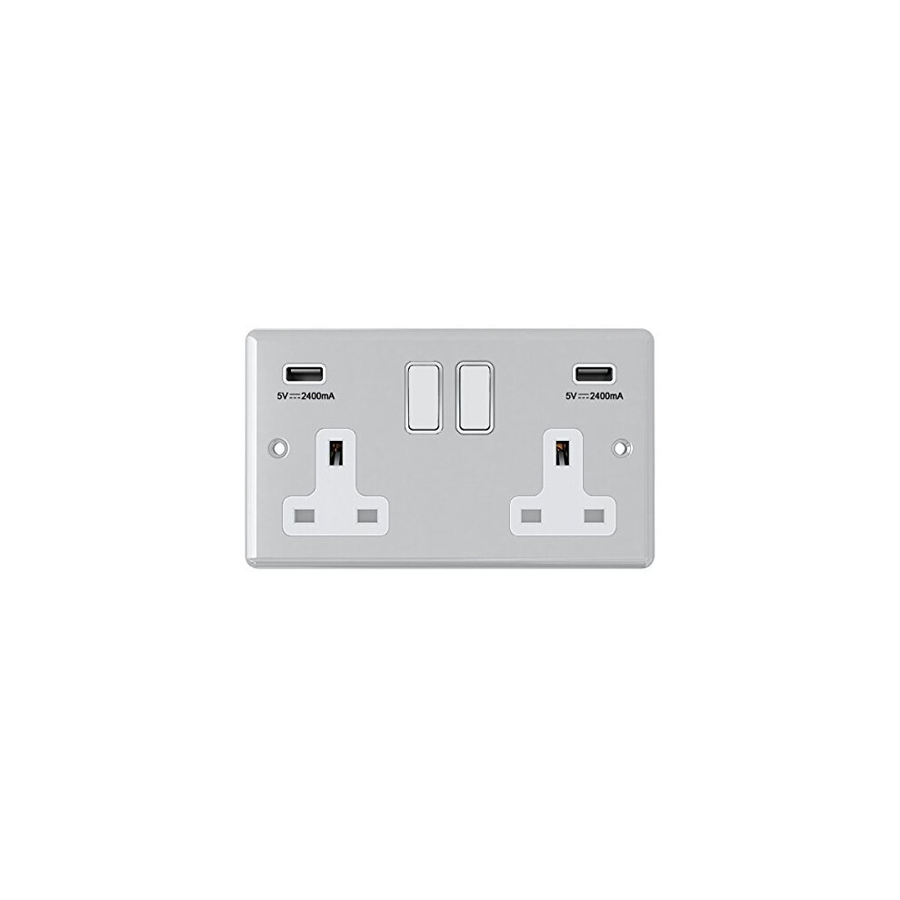 AET CPC2GUSBWH 2-Gang 13A Double Socket with USB Charging Ports, Chrome Mirror Finish, White Insert Plastic Rocker