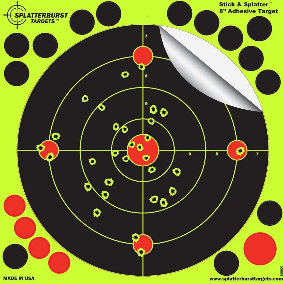 25 Pack - 8" "Stick & Splatter" - Adhesive SPLATTERBURST Shooting Targets - Instantly See Your Shots Burst Bright Fluorescent Yellow Upon Impact -...