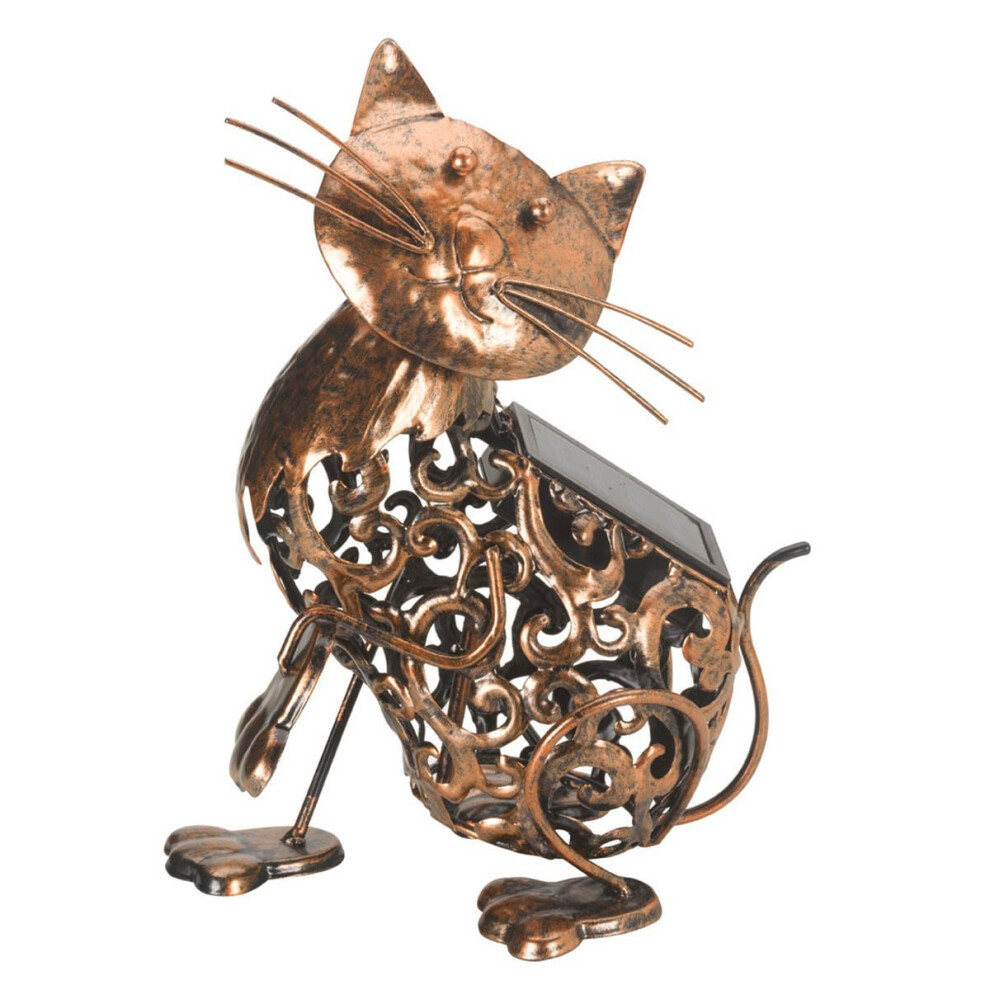C-1050110: Metal Scroll Cat Solar Light - Handcrafted Filigree Cat Silhouette, Bronze Finish, Auto-On at Dusk (25x20cm)