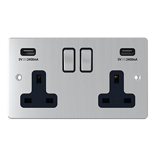 AET USBFSC2GSOCBC 13 A 2-Gang Satin Chrome Flat Double Plug Socket Dual ...