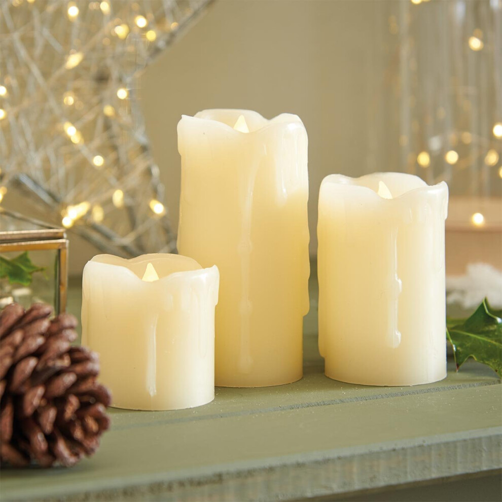 Festive Lights Cream Pillar Candles - Real Wax - 3 Pack - Flickering Flame - Warm White LED - Battery Operated