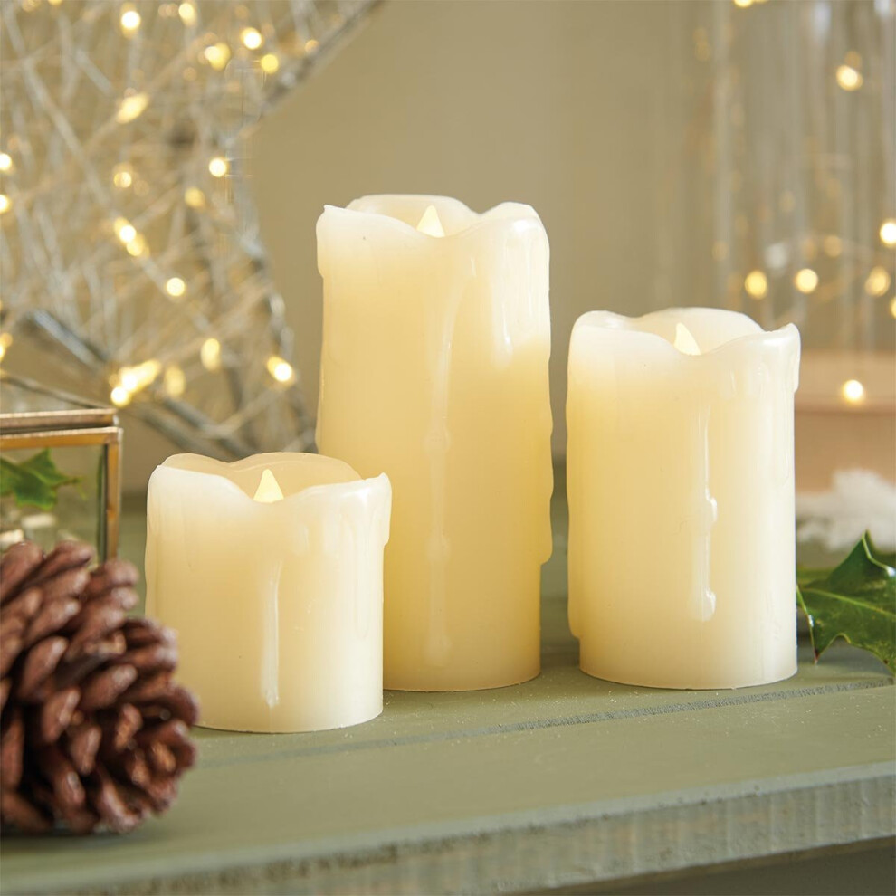 Festive-Lights Festive Lights Pillar Candles - Real Wax - 3 Pack - Flickering Flame - Warm Led - Battery Operated Cream/White