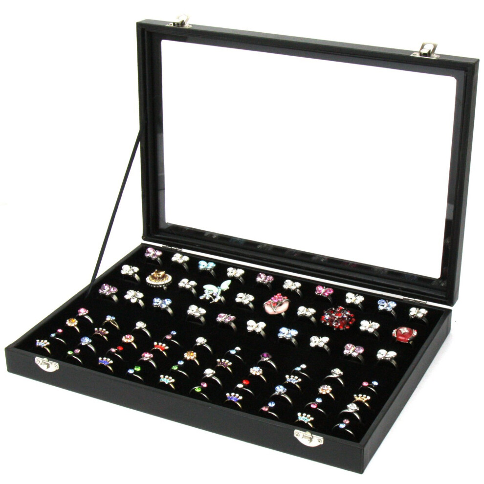 H&SÃÂ® Glass Lid 100 Ring Jewellery Display Storage Box Tray Case Organiser - Black