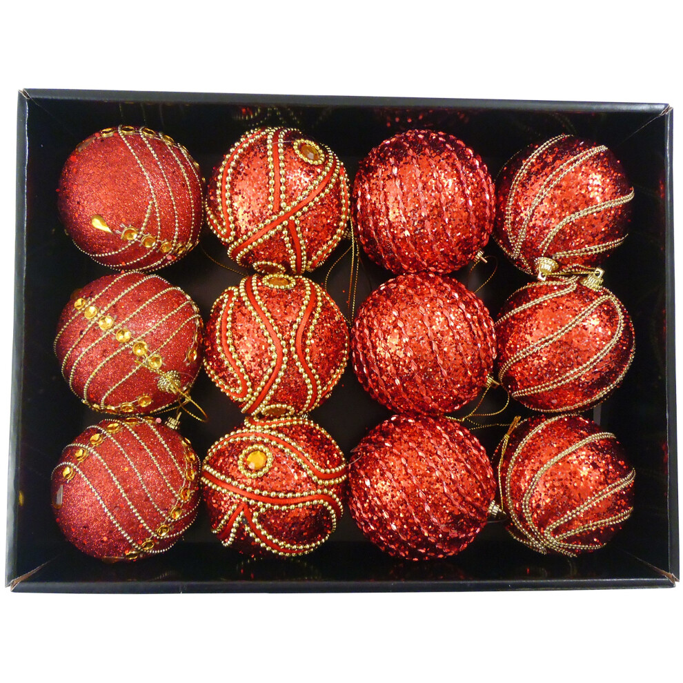 Pack of 12 Deluxe Decorated Red with Gold Beads 8cm Christmas Tree Baubles