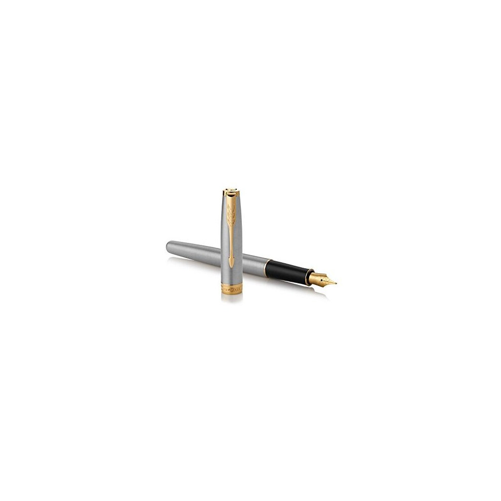 Parker Sonnet Medium Nib Stainless Steel Gold Finish Trim Gift Boxed Fountain Pen