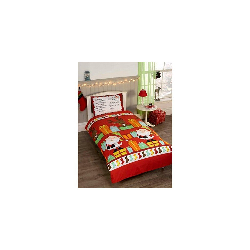 Father Christmas Kids Santa Presents Xmas Quilt Duvet Cover and Pillowcase Bedding Bed Set, Multi-Colour, Single