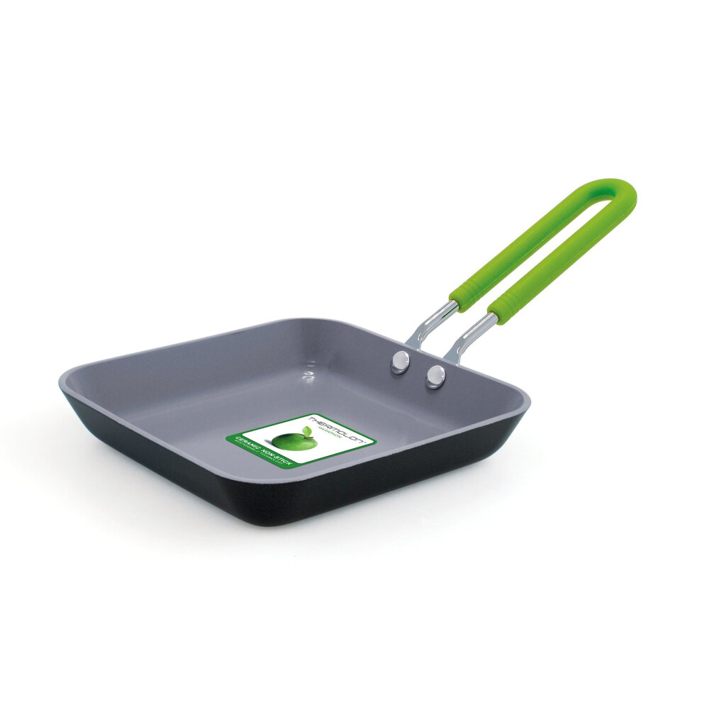 GreenPan 12.5 cm Ceramic Non Stick Square Open Fry Pan with Silicone Sleeve,Black/Green