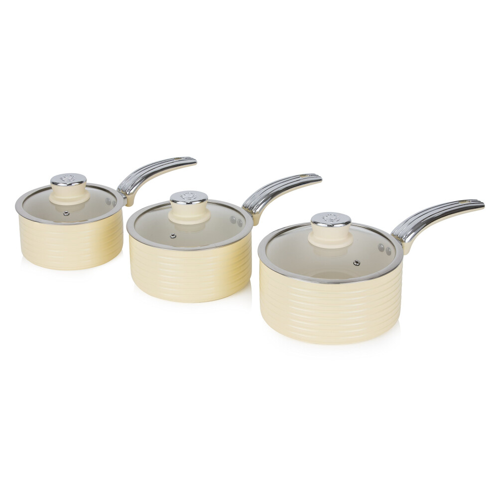 Swan Cream Retro 3pce Saucepan Set 16cm/18cm/20cm with Glass Lids, Non-Stick & Compatible with Induction Hobs