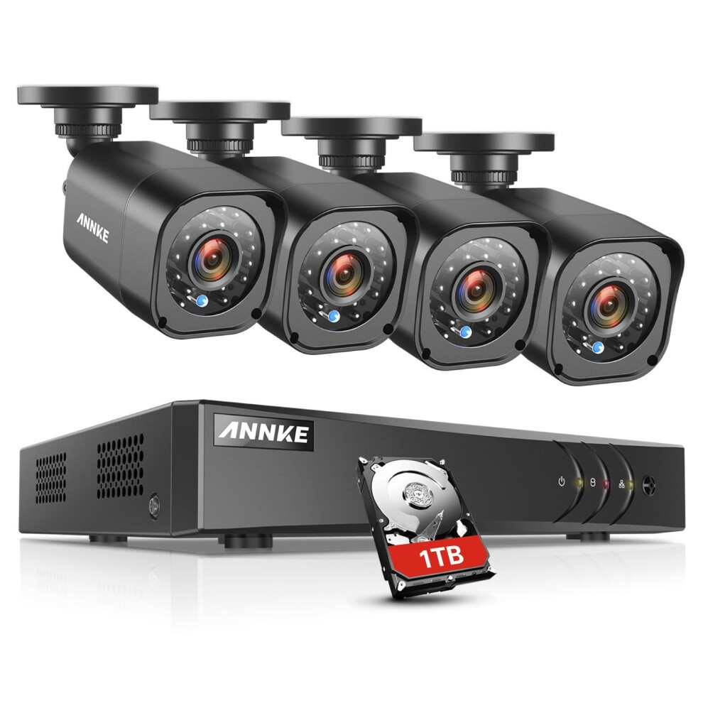 ANNKE 4CH+1CH 1080P Lite DVR Security System with 1TB HDD, 4x 720P Indoor/Outdoor Bullet Cameras, All-Weather, Email Alerts - SK-N41SA1-14BV