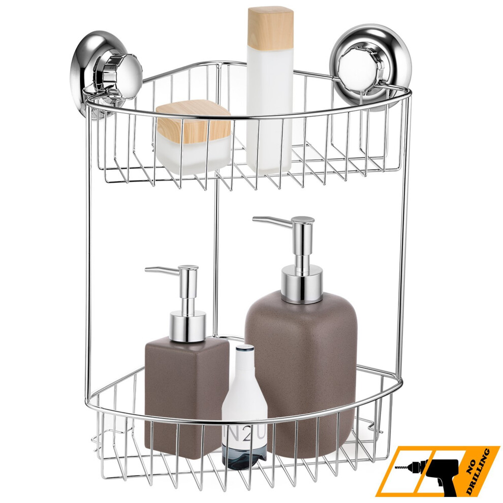 MaxHold No-Drilling/Suction Cup Double/Two Tier Corner Shower Basket - Vaccum System - Stainless Steel Never Rust - for Bathroom & Kitchen