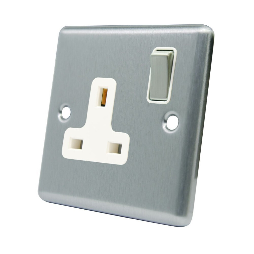 Aet Csc1gsocws Satin Chrome Classical 1 Gang White Insert Metal Rocker Switch-13 Amp Single Plug Socket 700461519997