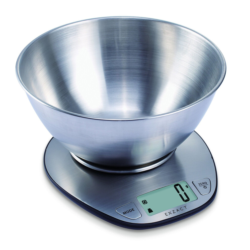 Exzact EX4350 Premium Large Display Electronic Wet and Dry Food Weighing Kitchen Scale with Stainless Steel Mixing Bowl - 5 Kilogram / 11 Pound