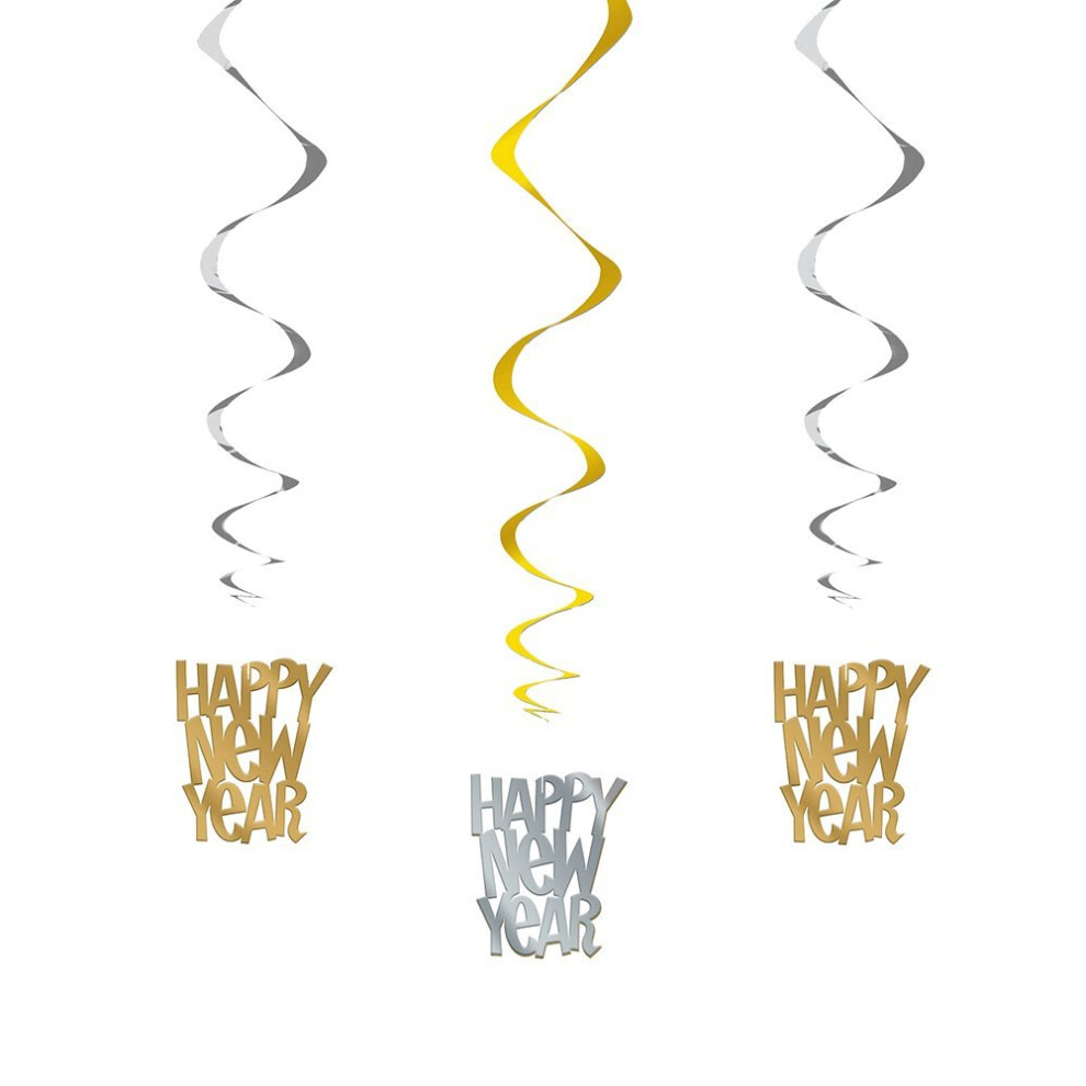 Unique Party  91185  - 66cm Hanging Gold and Silver Happy New Year Decorations, Pack of 3