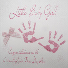 WHITE COTTON CARDS Pink Handprints Little Baby Girl Congratulations On The Arrival Of Your Daughter Handmade New Baby Card