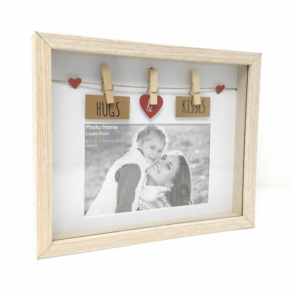 Clothes Line Wooden Box Frame With Pegs For 6 X 4 Photo - Hugs And Kisses