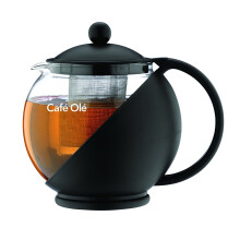 Café Ole Everyday Round Tea Pot Infuser Basket Glass Teapot Loose leaf, Black, 700 ml/24 oz