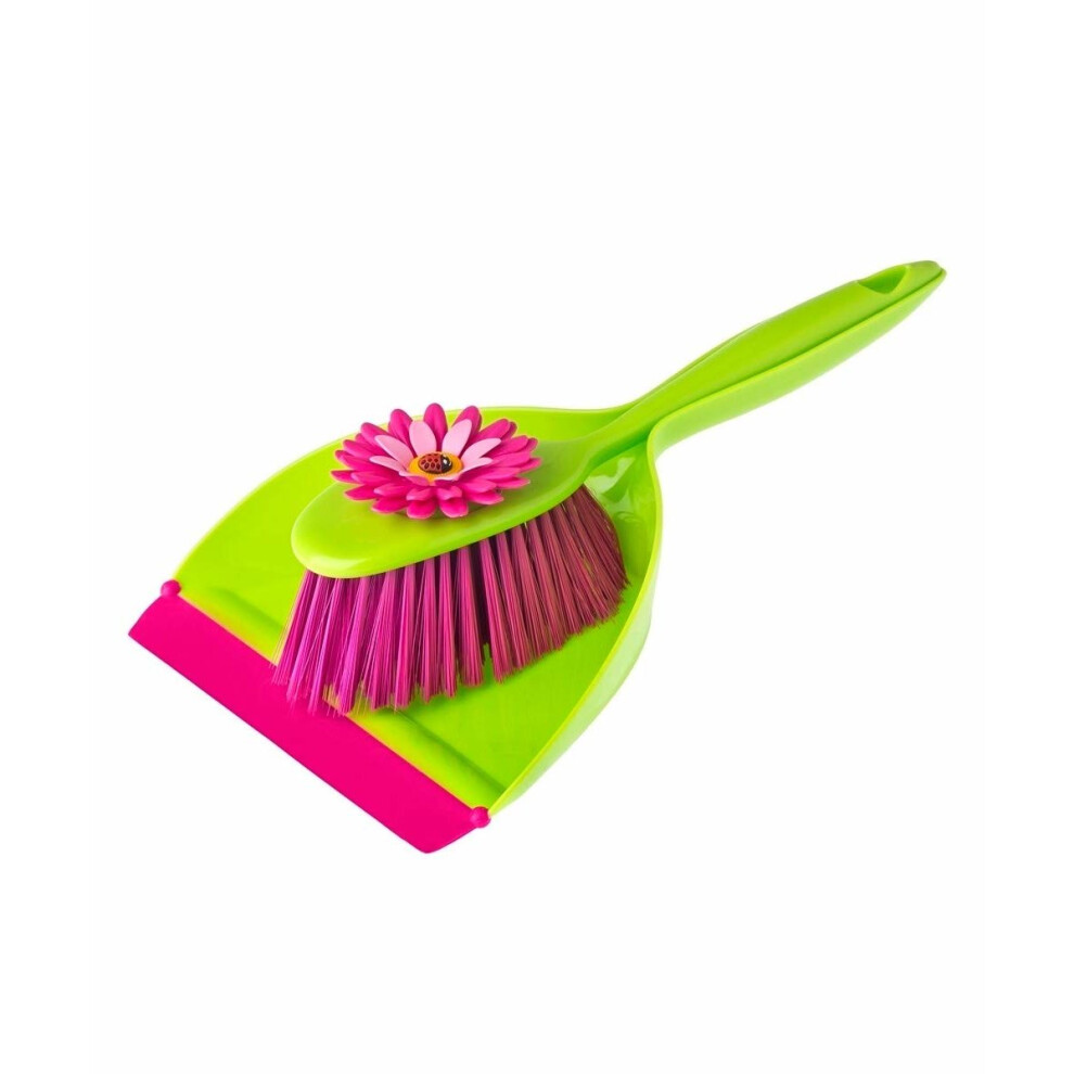 Addis Vigar Flower Power Handy Dustpan and Brush Set, Green/Pink