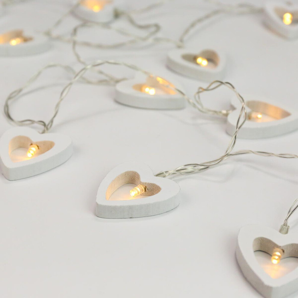 Festive Lights Wooden Heart String Lights - Battery Operated - Timer - 10 Warm White LEDs