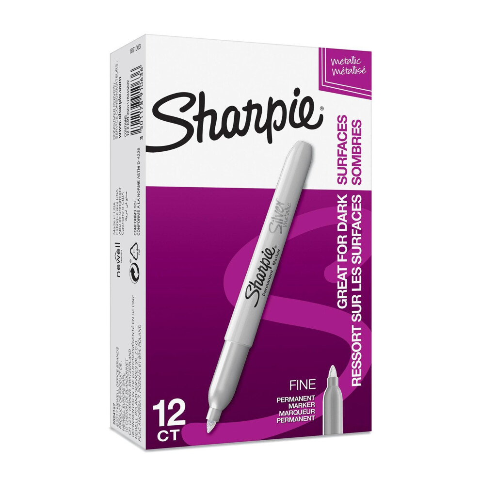 Sharpie Metallic Permanent Markers, Fine Point, Silver, Box of 12