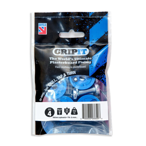 GripIt Blue 25mm Plasterboard Fixings For Stud Walls - Max Load 113Kg (4 Pack)