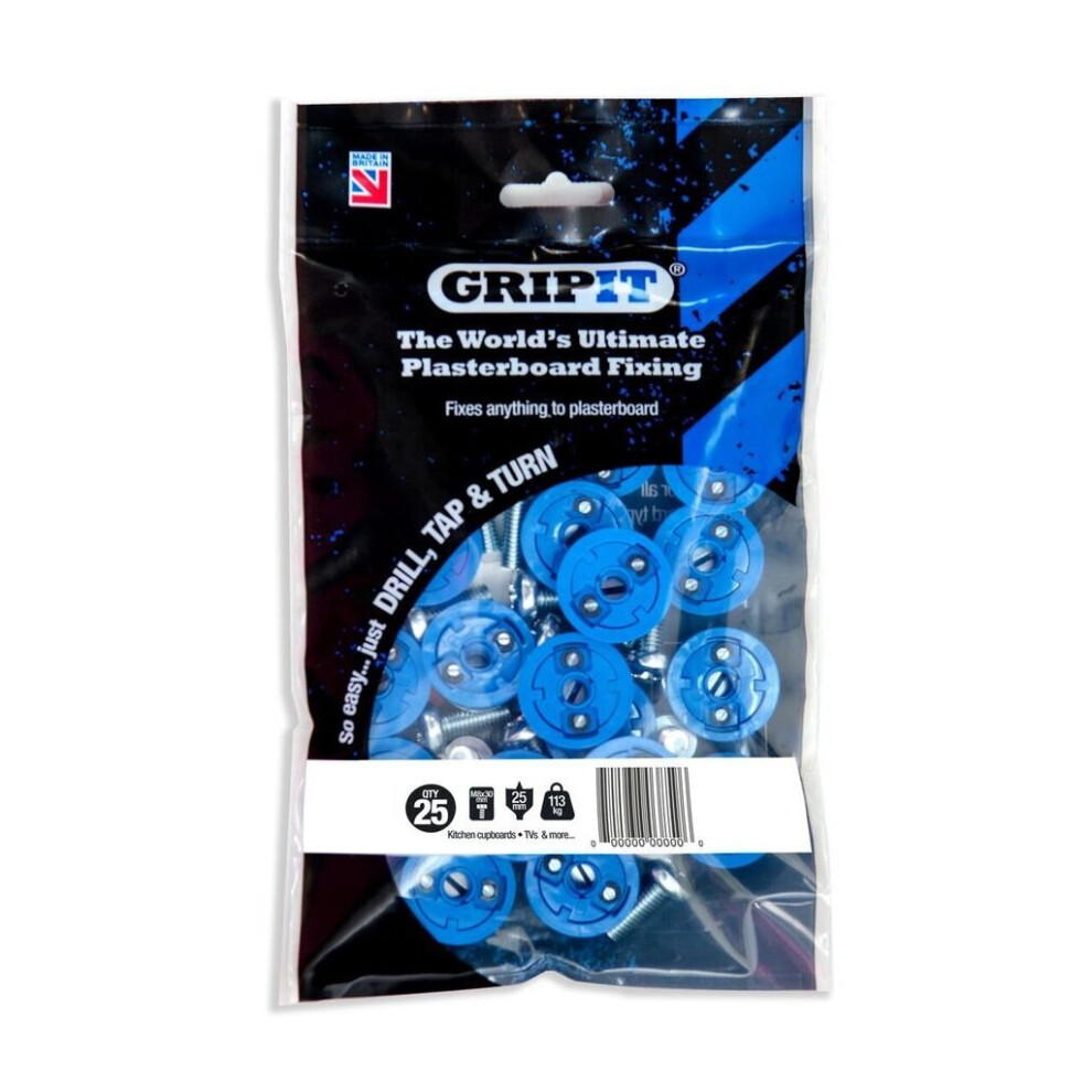 GripIt Blue 25mm Fixings - Pack of 25 (252-2530) Ultra-Strong Plasterboard Anchors for Walls, Shelves & Mirrors