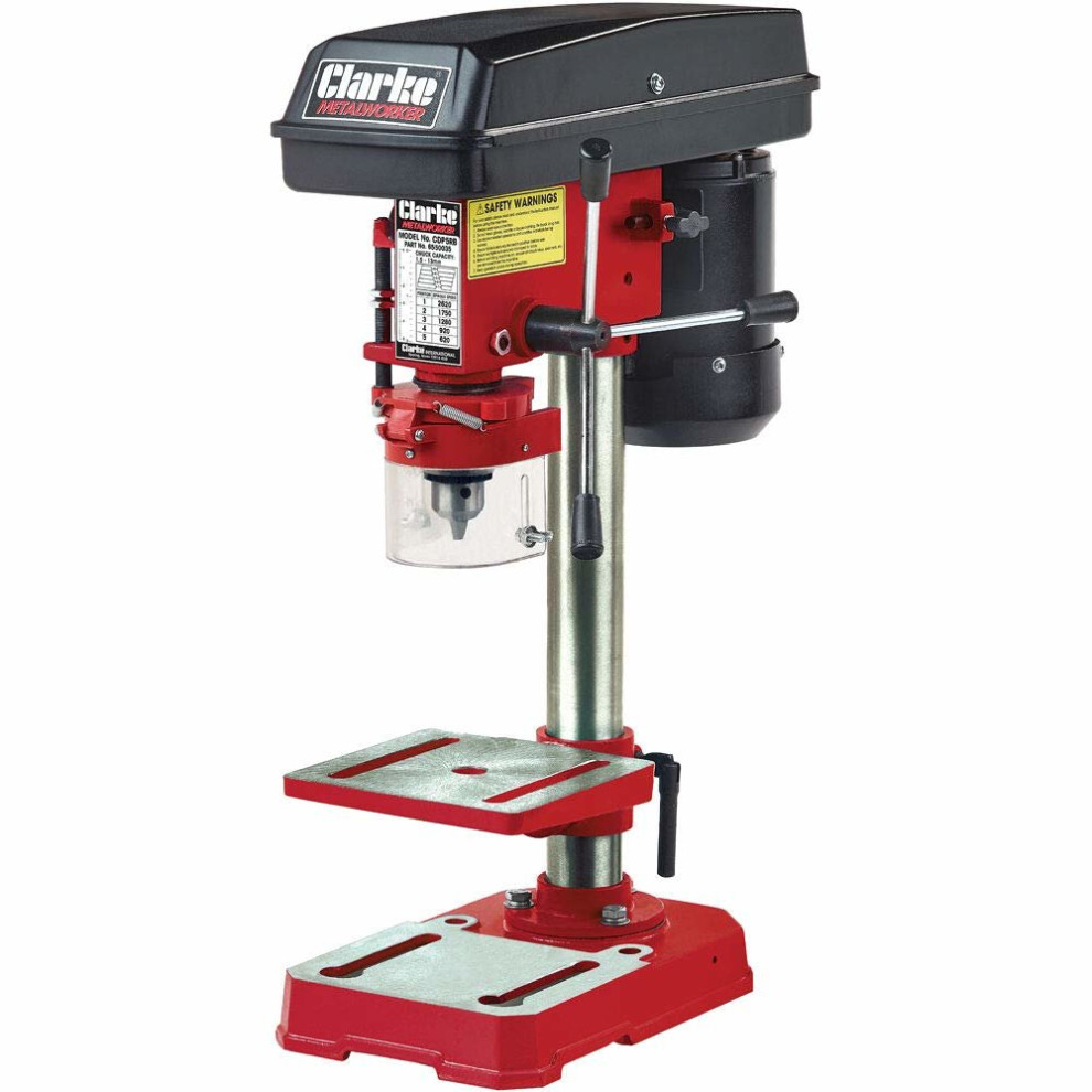 CLARKE CDP5RB 5-Speed Bench Mounted Pillar Drill, Red, 13mm Chuck, 350W, 230V, NVR/Stop-Start & Clear Guard, Tilting Table | C-6550035