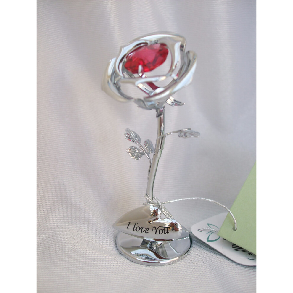 Crystocraft Freestanding Silver Plated"I Love You" Single Red Rose Ornament Made With Swarovski Crystals