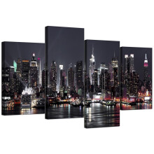 Canvas Pictures of New York Skyline for your Living Room - NYC Cityscape Prints - Modern Split Set of 4 City Canvases - Multi Panel - XL - 130cm Wide