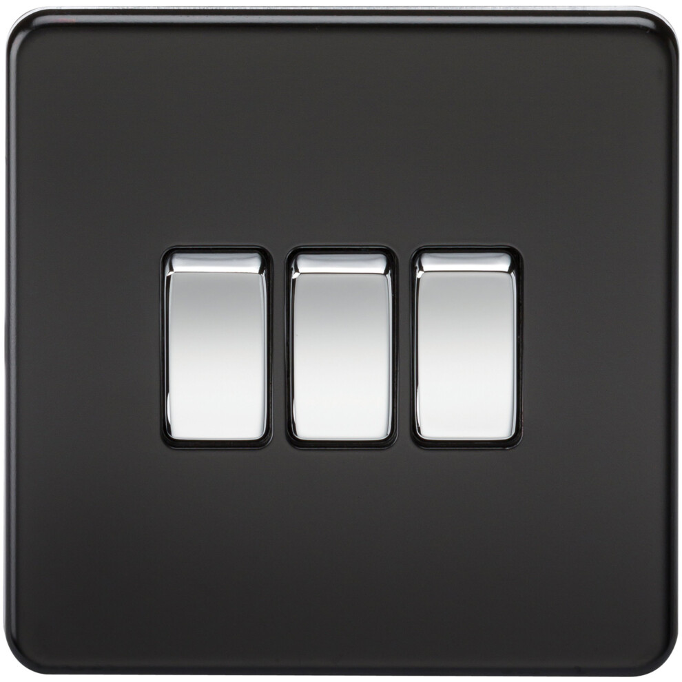Knightsbridge Sf4000mb Screwless 10 A 3-Gang 2 Way Switch, Matt Black With Chrome Rocker 5055559199403