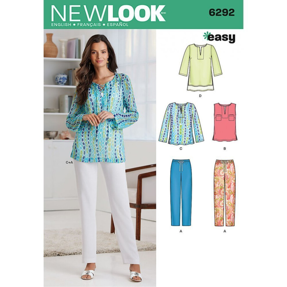 New Look 6292 Size A Misses' Tunic or Top and Pull-On Pants Sewing Pattern, Multi-Colour