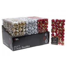 Set Of 96 Mini Christmas Baubles 32 Red 32 Silver & 32 Gold Baubles 2.5cm