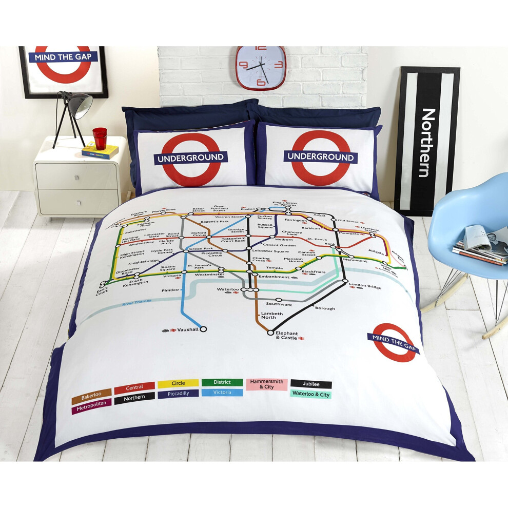 London Underground Tube Map Duvet Cover Set - Double, White - Reversible (MULonUndDB) - 52% Polyester 48% Cotton