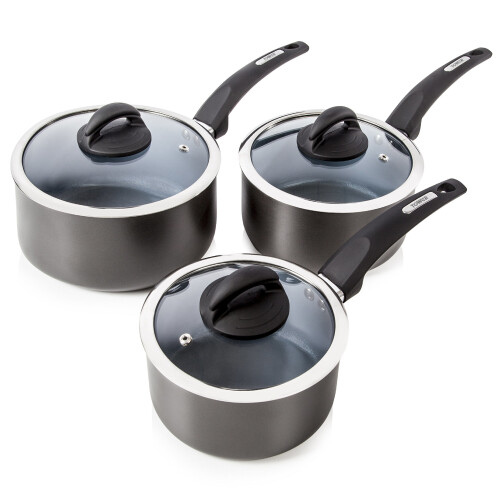 Tower Cerasure Saucepan Set, Aluminium Body and Easy Clean Non-Stick Ceramic Coating, Graphite, 3 Piece
