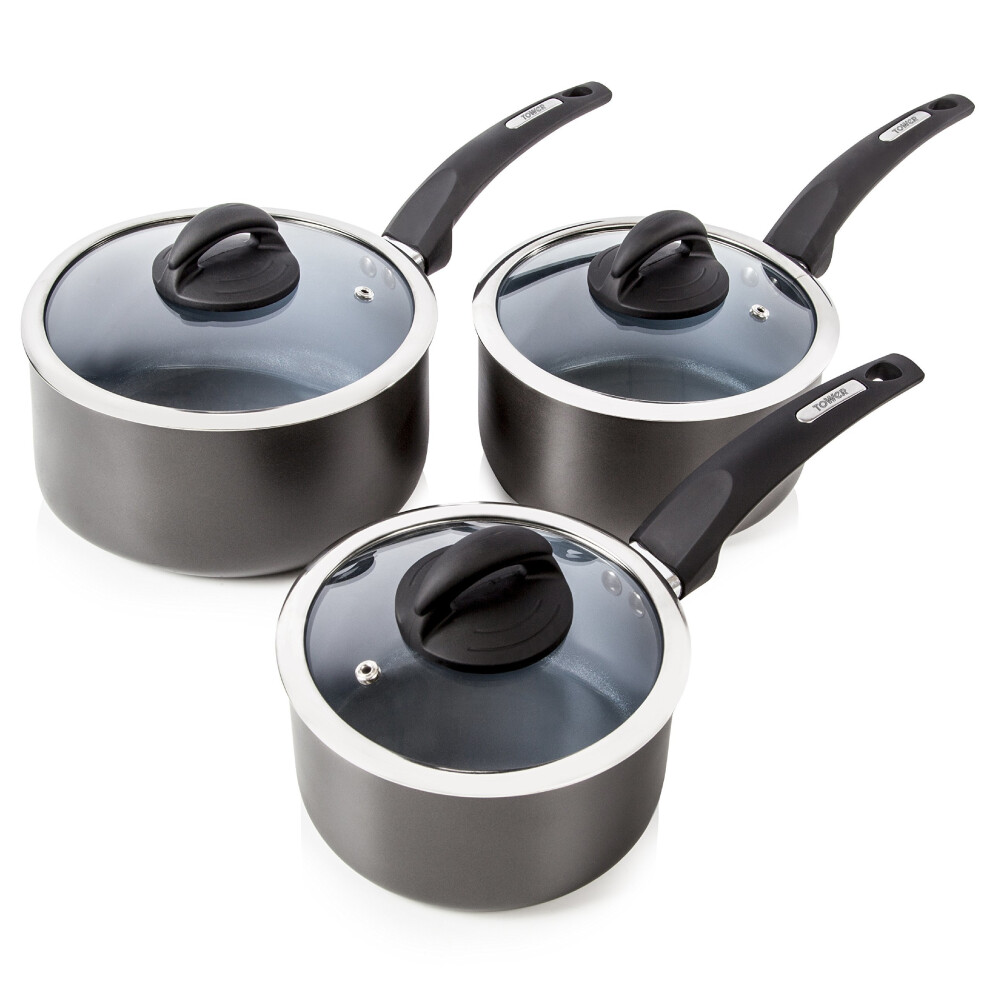 Tower Cerasure Saucepan Set, Aluminium Body And Easy Clean Non-Stick Ceramic Coating, Graphite, 3 Piece