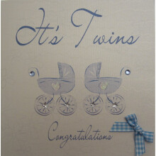 WHITE COTTON CARDS Its Twins Congratulations Handmade New Baby Card Blue Prams