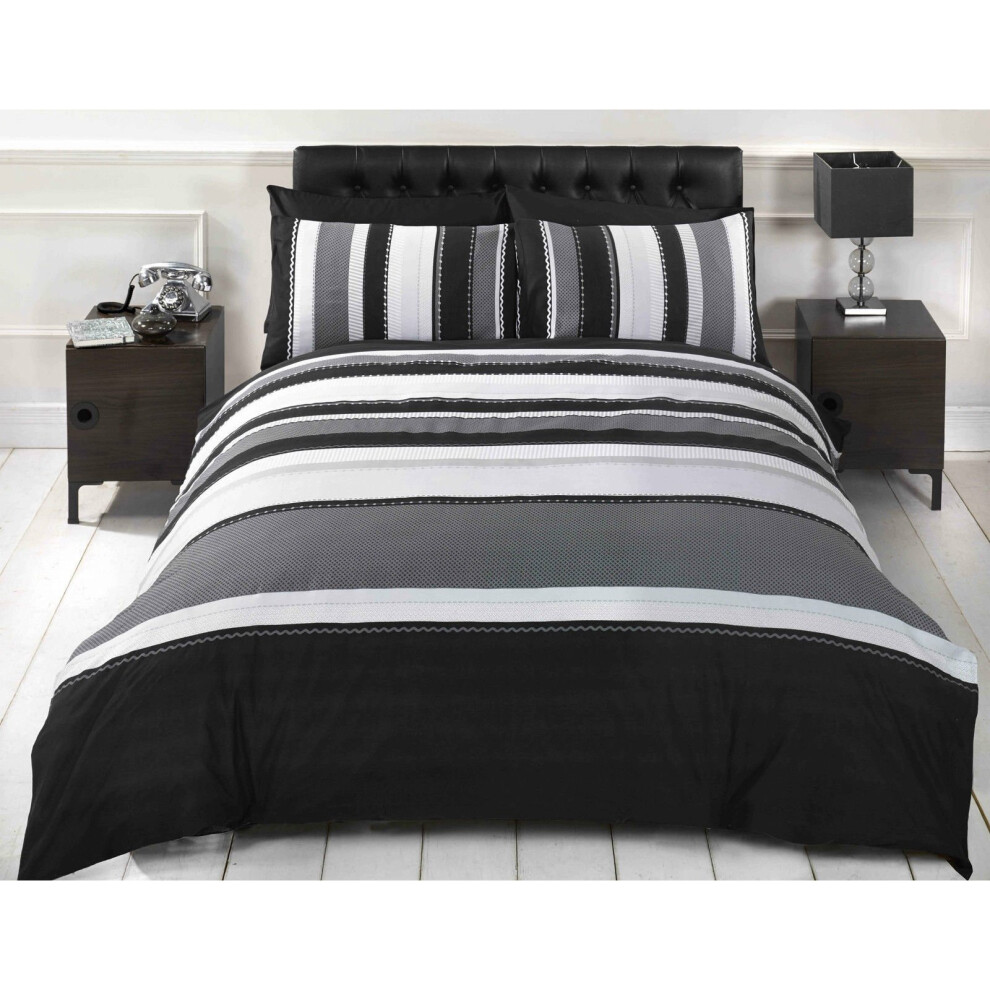 Signature Striped Adults Teenagers Quilt Duvet Cover And 2 Pillowcase Bedding Bed Set, King Size Grey