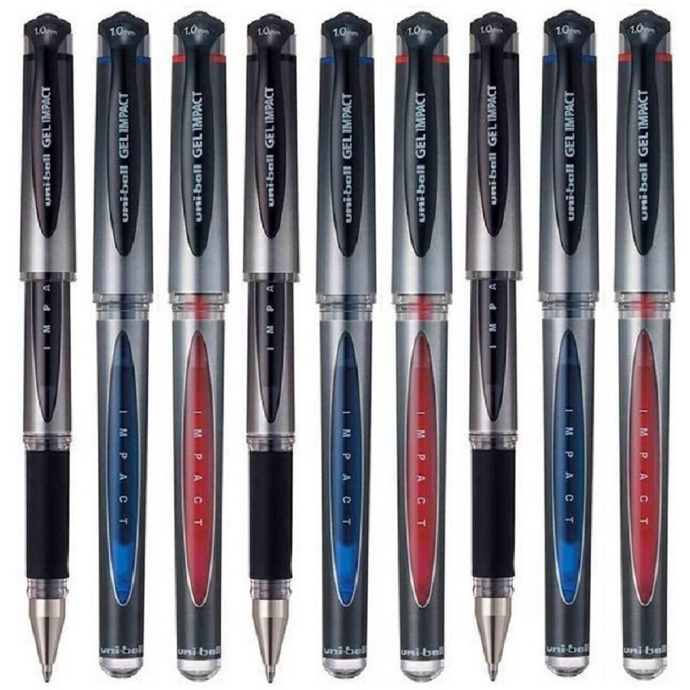 Uni Ball UM-153S - Assorted Colour - Pack of 9 - Gel Impact Rollerball Broad 1mm Tip Nib 0.6mm Line (3 of each Colour - Black Blue Red)