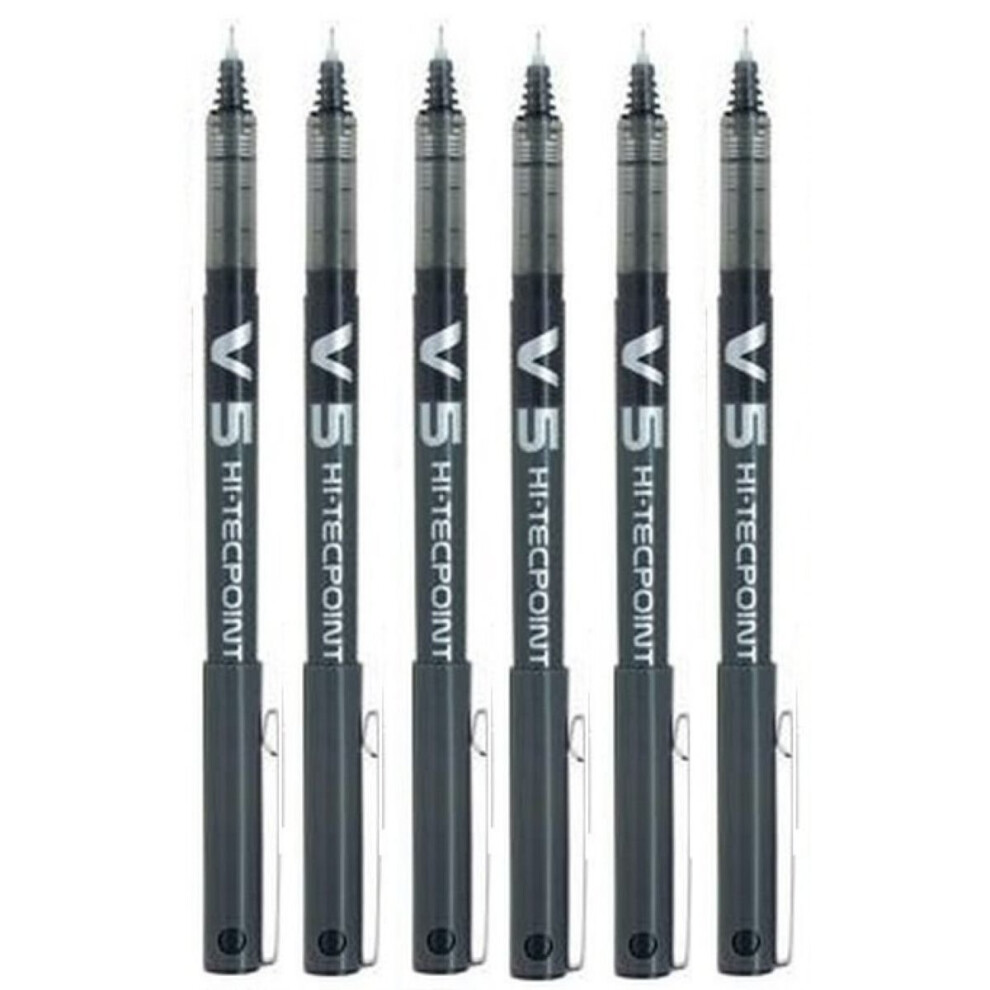 Pilot BX V5 Black Hi-Tecpoint Extra Fine Rollerball Pen 0.5mm Nib Tip 0.3mm Line Width (Pack Of 6)