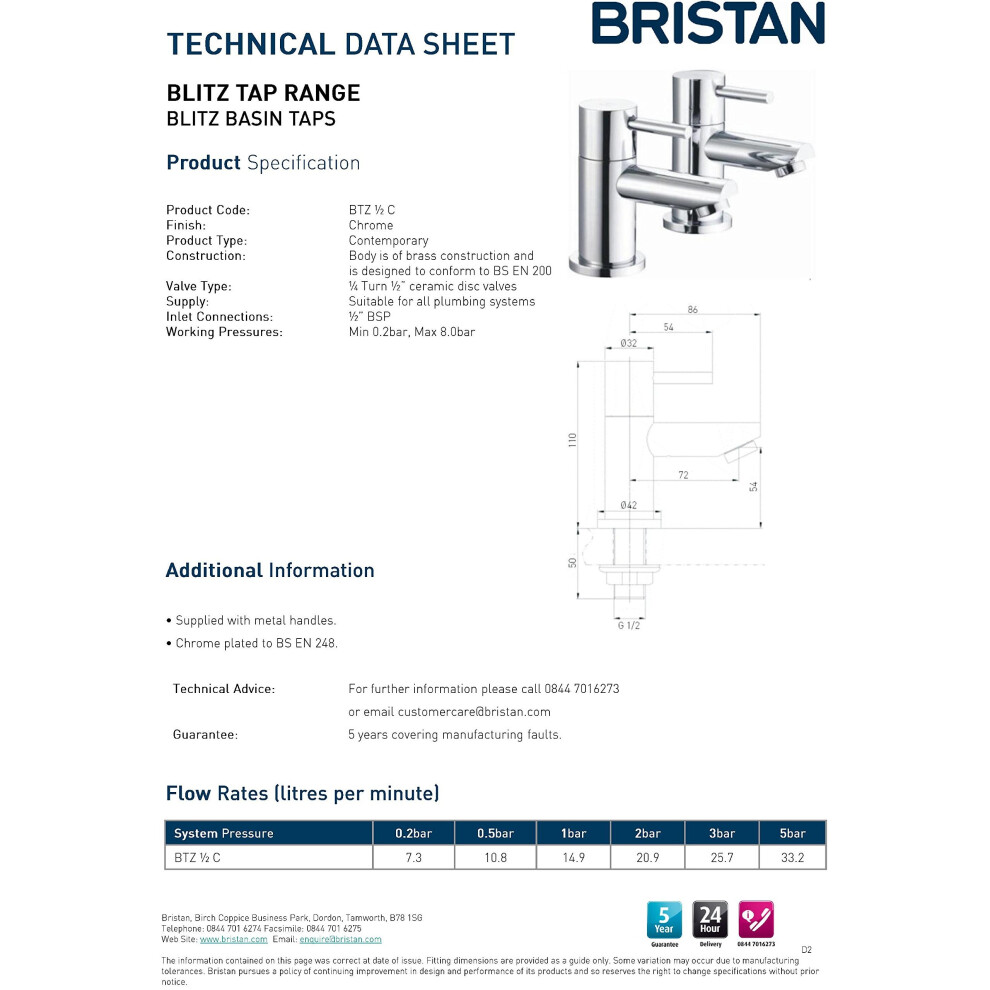 Bristan BTZ 1/2 C Blitz Basin Taps - Chrome