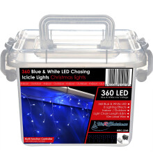 WeRChristmas 360 LED Snowing Icicle Christmas Lights String with Chasing/Static Settings with 19 m Cable, Blue and White