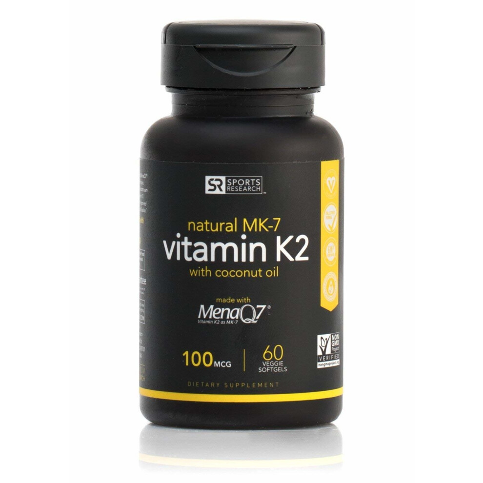 Sports Research Vitamin K2 (MK7) 100mcg; Supports Calcium Absorption and Heart Health; Enhanced with Organic Coconut Oil for Better Absorption; Soy...