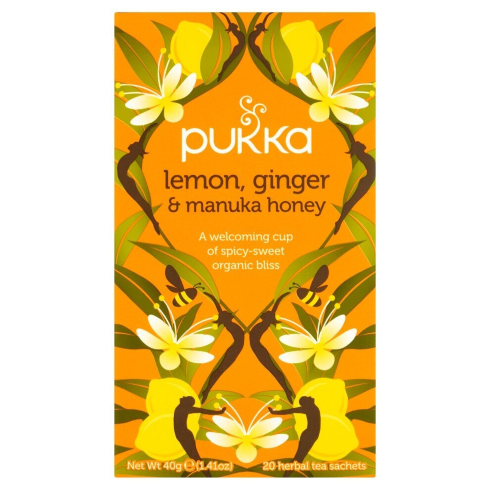 Pukka Lemon Ginger & Manuka Honey Herbal Tea Bags - Organic and Fair - Naturally Caffeine Free (Pack of 4)