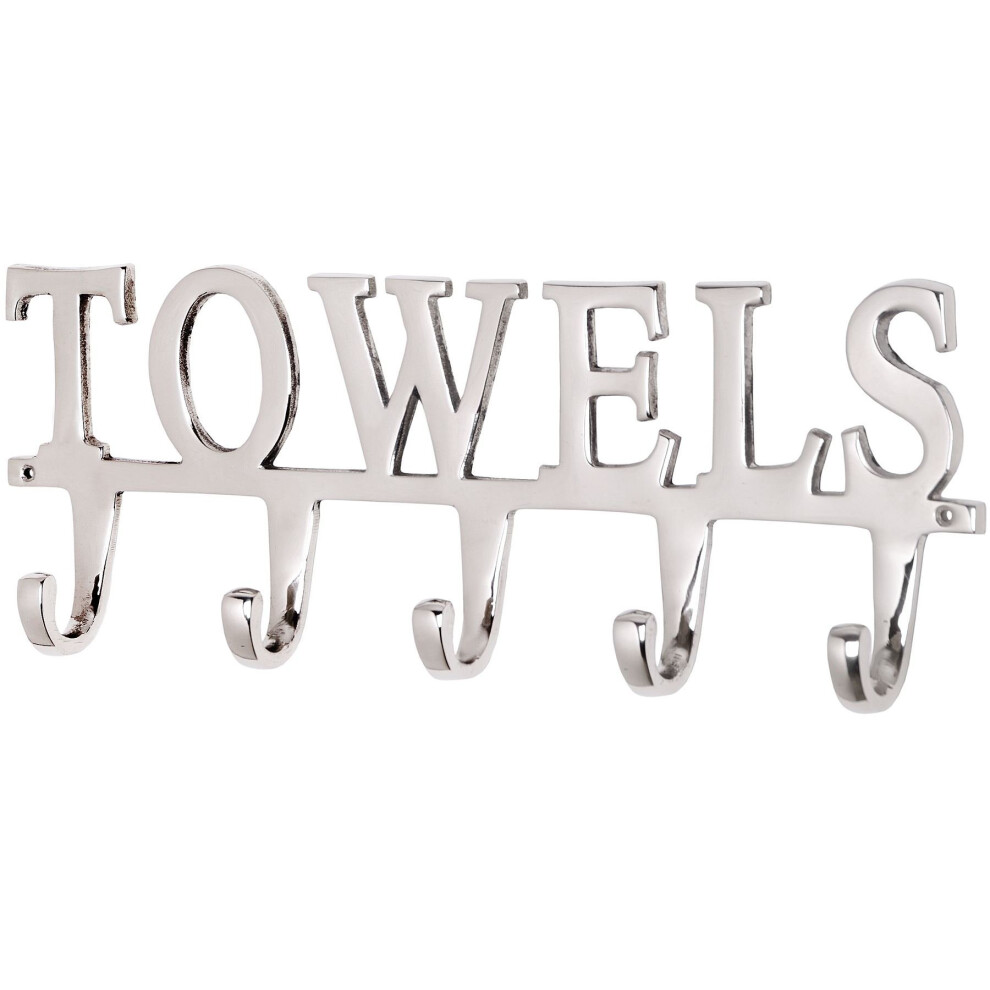 Large Towel Holder Rack 5 Hooks " TOWELS " Bathroom Hanger Highly Polished Aluminium