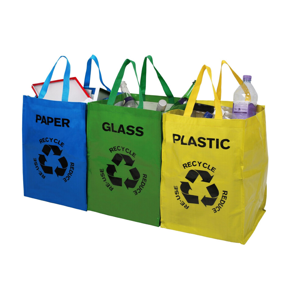 Set Of 3 Colour Coded Recycle Logo Bags Plastic Glass Paper Recycling Bins Bag