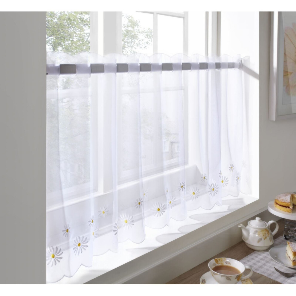 Café Voile Curtain Panel, Embroidered Kitchen Net Curtains, Daisy Flower, 59" x 24